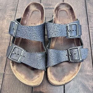 Birkenstock Arizona Women's Leather 2-Strap Sandals Black Pebbled Size 38 (7)